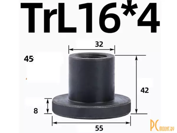 Гайка фланцевая Tr16x4x4 (однозаходная), ЛЕВАЯ резьба трапеция, сталь 45