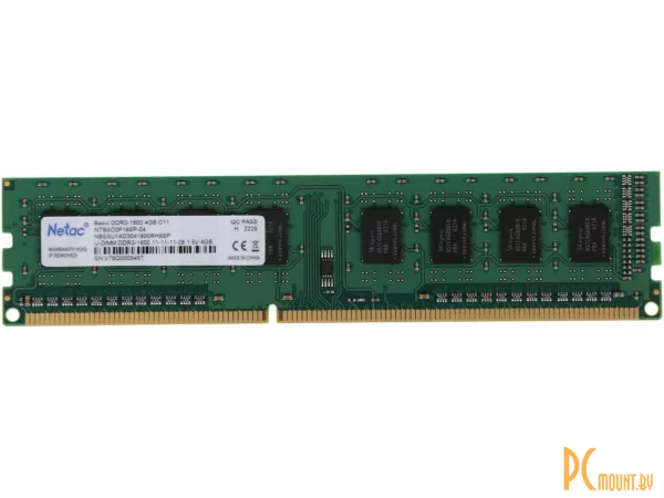 Память оперативная DDR3, 4GB, PC12800(1600MHz), Netac NTBSD3P16SP-04