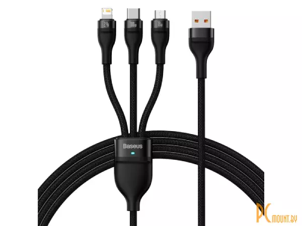 фото Кабель Baseus Flash Series II One-For-Three Fast Charging Data Cable USB Type-A - USB Type-C 100W / microUSB 18W / Lightning 2,4A (1,2 м, чёрный) Кабель Baseus Flash Series II One-For-Three Fast Charging Data Cable USB Type-A - USB Type-C 100W / microUSB 18W / Lightning 2,4A (1,2 м, чёрный)